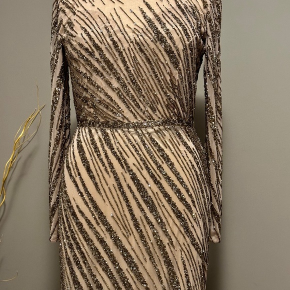 Mac Duggal Long Sleeve Beaded Column Gown - Picture 3 of 6